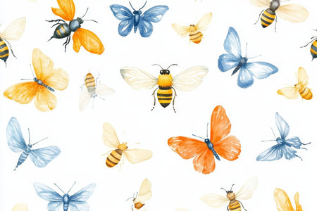 Charming watercolor illustrations of bees and butterflies in a minimalistic doodle style designの写真素材