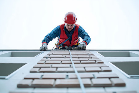 Middle aged male mason in workwear laying bricks on rooftop of new residential buildingの写真素材