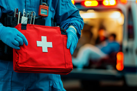 Paramedic in blue uniform holds red first aid kit amidst emergency scene with blurred background