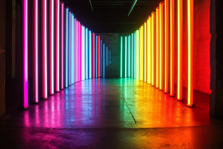 Colorful neon lights with vertical lines create a tech inspired abstract background in dark studioの写真素材