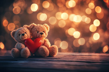 Charming valentine's day background featuring teddy bears, hearts, and warm bokeh lights