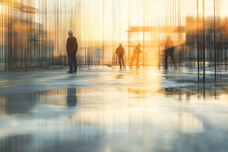 Construction workers on steel beams at sunset with reflections on concrete and blurred background