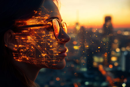 Woman in glasses gazes at futuristic city skyline, illuminated by technology and innovation lights