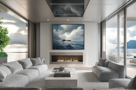 Elegant modern living room featuring gray sofas, fireplace, and art overlooking a terrace view