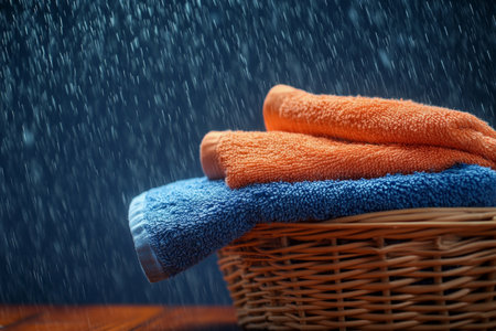Close up of a laundry basket with fresh orange and blue towels on a table amidst rainy atmosphereの写真素材