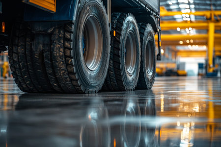 Truck wheels in a warehouse highlighting cargo delivery and transportation service concept