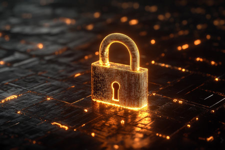 Glowing golden padlock icon representing cyber security against a dark digital backgroundの写真素材