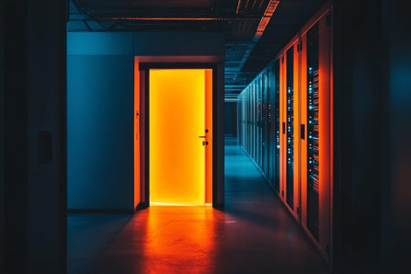 Eerie dark data center hallway with orange glow from door and computer cabinets in background