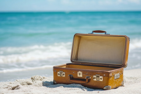 Summer beach scene featuring an open suitcase, perfect for travel concepts with copy spaceの写真素材