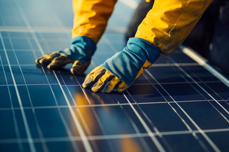 Close up of gloved hands working on solar panel installation with sunlight filtering through panels