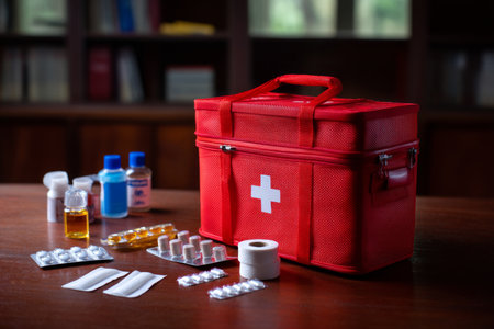 Essential red first aid kit with bandages and drops on office table for workplace emergency careの写真素材