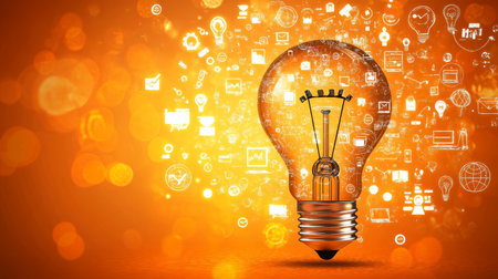 Yellow light bulb with business icons on orange background for digital marketing promotion bannerの写真素材