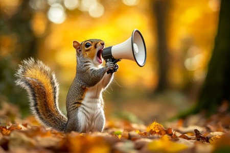 Squirrel with megaphone in autumn forest capturing nature s whimsy for advertising designsの写真素材