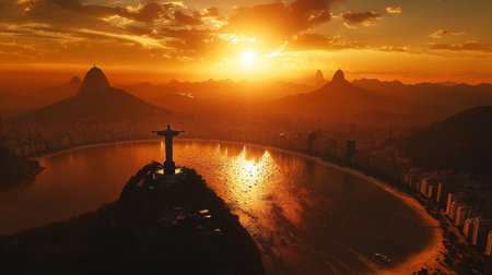 Stunning aerial view of rio de janeiro at sunset with christ the redeemer and guanabara bayの写真素材