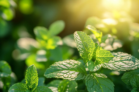 Fresh peppermint leaves in a garden with sunlight and bokeh effect creating a vibrant background
