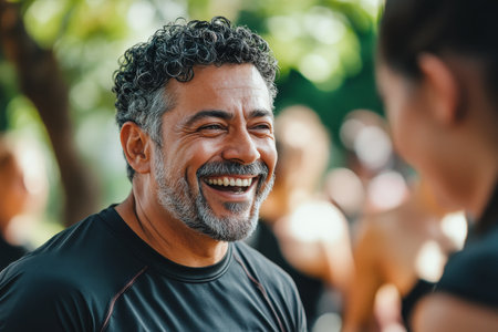 Joyful middle aged hispanic man laughs with friends during outdoor fitness class on sunny dayの素材