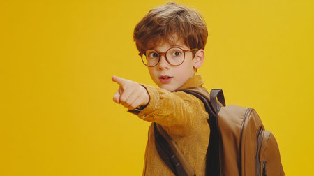 Adorable schoolboy with glasses and backpack pointing at empty space on bright yellow backgroundの素材