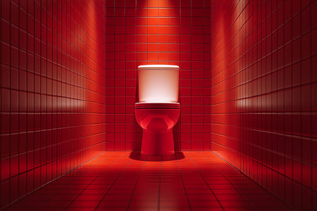 A toilet surrounded by red tiled walls bathed in warm orange light, captured in stunning detailの写真素材