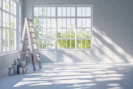 Bright minimalist room with light gray accents, large windows, and painting tools in modern designの写真素材