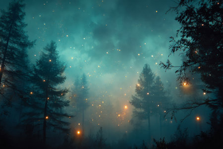 Vintage fantasy illustration of a foggy forest with stars, glowing lights, and teal gold huesの写真素材