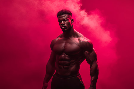 Striking full body portrait of muscular African American man in dynamic studio lighting and smokeの素材