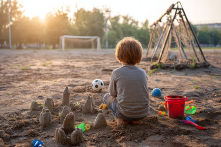 A boy enjoys creative play in sand with toys at a summer beach park, building a castle outdoorsの写真素材