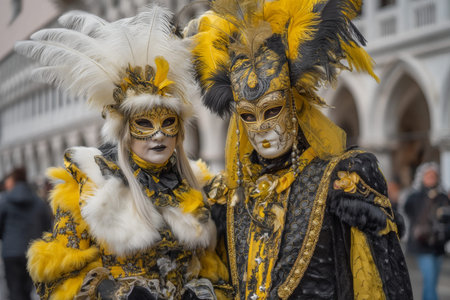 Couple in ornate carnival masks and costumes at venice carnival amidst stunning architectureの写真素材