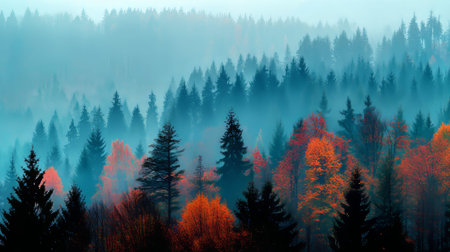 Misty autumn forest with vibrant orange and pink trees against a serene blue background panorama