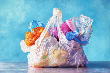 A detailed photorealistic illustration of a plastic garbage bag on a light blue background