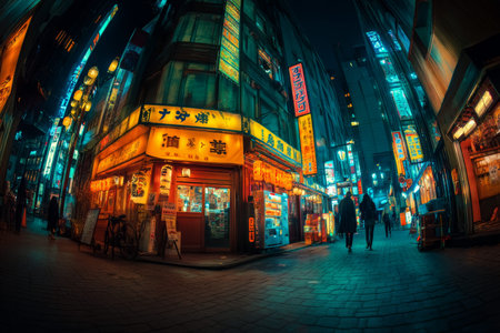 Vibrant cyberpunk Tokyo street at night neon lights, futuristic architecture, and bustling crowdsの写真素材