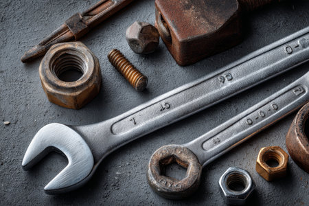 Overview of diverse tools including wrenches and nuts on a gray background for diy enthusiastsの写真素材