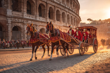 Epic roman chariot racing in the colosseum a sunset spectacle of luxury and competitionの写真素材