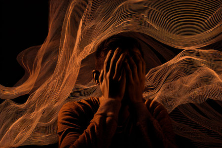 A tormented figure clutching their face amidst flowing emotional waves in dark surroundings