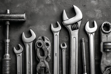 Flat lay of various tools and wrenches on gray background with ample copy space in monochrome styleの写真素材