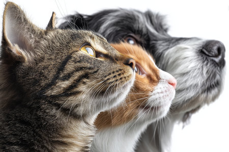 Cats and dogs gazing upward against a white background for pet shop marketing and promotionsの写真素材