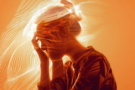 Abstract art of a woman in pain with energy waves and light effects surrounding her silhouetteの写真素材