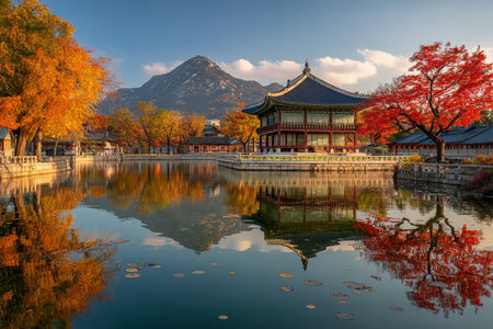 Panoramic view of gyeongbokgung palace surrounded by autumn colors and serene reflections in a lakeの写真素材