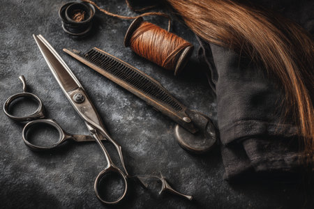 Elegant flat lay of hair scissors on black background for beauty and salon product presentationの写真素材