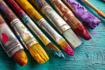 Vibrant artist palette with paintbrushes and colors on table top view for creative inspirationの写真素材