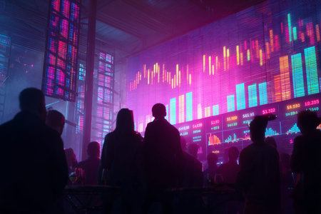 Business professionals observing dynamic stock market trends in a vibrant conference hall setting