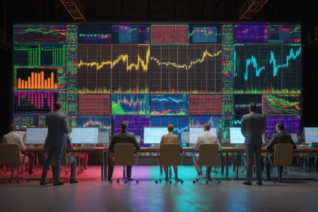 Vibrant stock market trading event with experts and technology showing financial insightsの写真素材