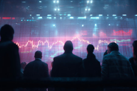 Business professionals analyzing stock market trends on digital displays in a modern conference roomの写真素材