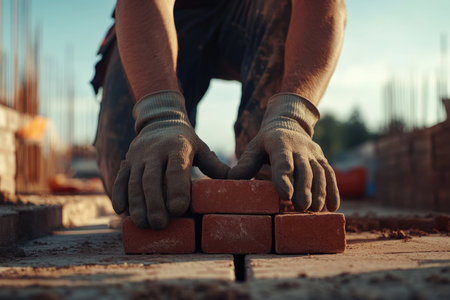 Close up of a worker laying red bricks at a construction site on a sunny day with focus on handsの写真素材