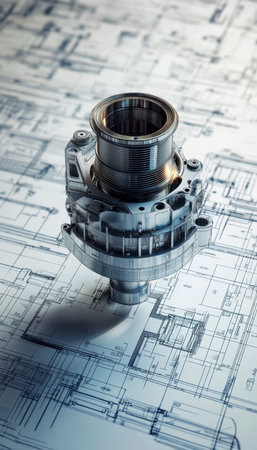Cinematic photorealistic image of mechanical engineering drawings with engine component blueprintの写真素材
