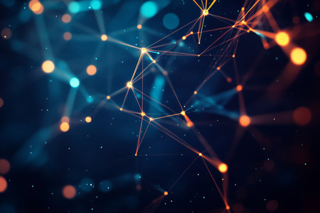 Abstract global network concept featuring connecting lines on dark blue backgroundの写真素材