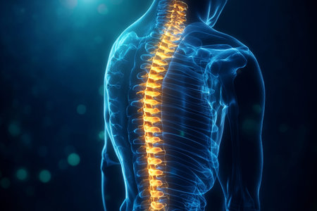 3d visualization of human spine and back with x ray effect on dark blue background