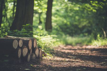 Wood stack in forest with blurred background and copy space for web banner designの写真素材