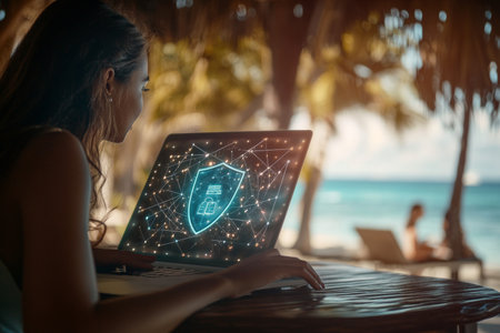 Business woman at tropical location with laptop, symbolizing data protection and security technologyの写真素材