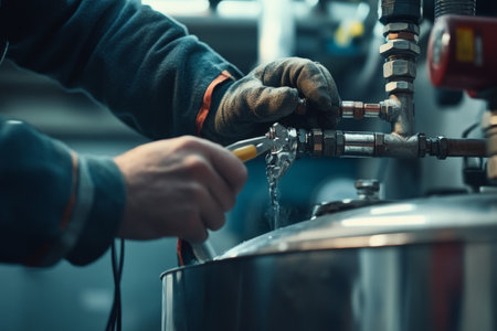 Skilled fix maintenance water heater with tools and gas pipe in a contemporary home environmentの写真素材