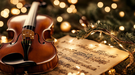 Charming vintage violin and sheet music surrounded by twinkling lights for a magical atmosphereの写真素材